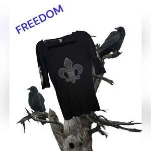 FREEDOM WOMEN'S FLEUR DE LIS LIKE NEW SILVER SEQUINS BLACK TOP Sz XL